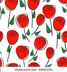 Vector with flower pattern with red rose flowers and leaves. A spring-summer floral background. Large and small details of the pattern.