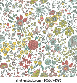 Vector flower pattern. Seamless botanic texture, detailed flowers illustrations. Doodle style, spring floral background.