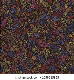 Vector flower pattern. Seamless botanic texture, detailed flowers illustrations. Doodle style, spring floral background.