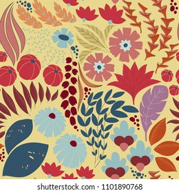 Vector flower pattern. Seamless botanic texture, detailed flowers illustrations. Doodle style, spring floral background.