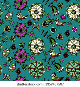 Vector flower pattern. Seamless botanic texture, detailed flowers illustrations. All elements are not cropped and hidden under mask. Floral pattern in doodle style, spring floral background. - Vector