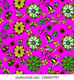 Vector flower pattern. Seamless botanic texture, detailed flowers illustrations. All elements are not cropped and hidden under mask. Floral pattern in doodle style, spring floral background. - Vector 