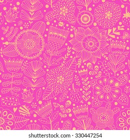 Vector flower pattern. Seamless botanic texture, detailed flowers illustrations. All elements are not cropped and hidden under mask. Floral pattern in doodle style, spring floral background.