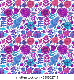 Vector flower pattern. Seamless botanic texture, detailed flowers illustrations. All elements are not cropped and hidden under mask. Floral pattern in doodle style, spring floral background.