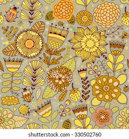 Vector flower pattern. Seamless botanic texture, detailed flowers illustrations. All elements are not cropped and hidden under mask. Floral pattern in doodle style, spring floral background.