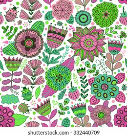 Vector flower pattern. Seamless botanic texture, detailed flowers illustrations. All elements are not cropped and hidden under mask. Floral pattern in doodle style, spring floral background.