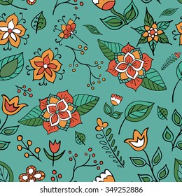 Vector flower pattern. Seamless botanic texture, detailed flowers illustrations. All elements are not cropped and hidden under mask. Floral pattern in doodle style, spring floral background.