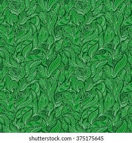Vector flower pattern. Seamless botanic texture, detailed flowers illustrations. Floral pattern in doodle style, green spring floral background.
