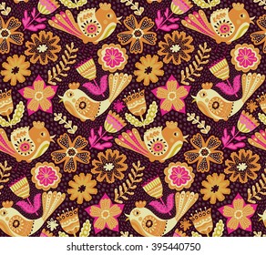 Vector flower pattern, seamless botanic texture, detailed flowers illustrations. All elements are not cropped and hidden under mask. Doodle style, spring floral background