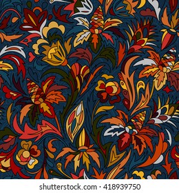 Vector flower pattern. Seamless botanic texture, flowers illustrations. Floral pattern in doodle style, spring floral background. Hot colors background on navy blue