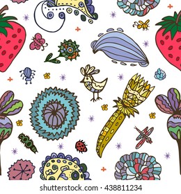 Vector flower pattern, seamless botanic texture, detailed  illustrations.  Doodle style, spring floral background