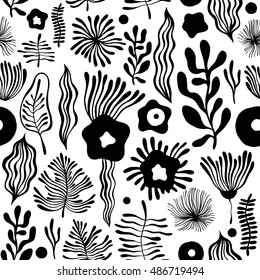 Vector flower pattern. Seamless botanic texture, detailed flowers illustrations. Can be used for wallpaper, web page background, surface textures.