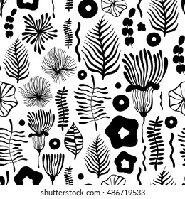 Vector flower pattern. Seamless botanic texture, detailed flowers illustrations. Can be used for wallpaper, web page background, surface textures...