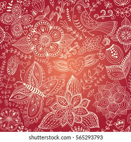 Vector flower pattern. Seamless botanic texture, detailed flowers illustrations. All elements are not cropped and hidden under mask. Floral pattern in doodle style, spring floral background.
