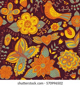 Vector flower pattern. Seamless botanic texture, detailed flowers illustrations. All elements are not cropped and hidden under mask. Floral pattern in doodle style, spring floral background.