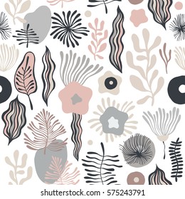 Vector flower pattern. Seamless botanic texture, detailed flowers illustrations. Can be used for wallpaper, web page background, surface textures.