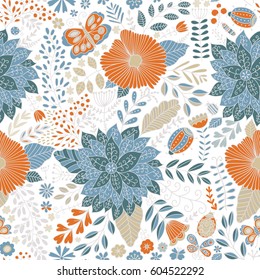 Vector flower pattern. Seamless botanic texture, detailed flowers illustrations. All elements are not cropped and hidden under mask. Floral pattern in doodle style, spring floral background.