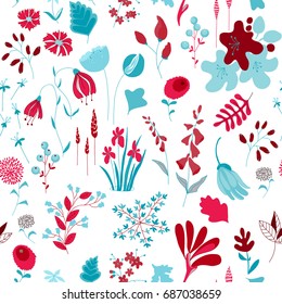 Vector flower pattern. Seamless botanic texture, detailed flowers illustrations. Doodle style, spring floral background.