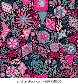 Vector flower pattern. Seamless botanic texture, detailed flowers illustrations. Doodle style, spring floral background.