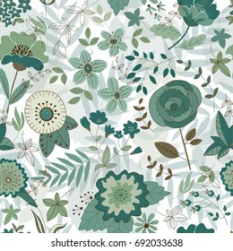 Vector flower pattern. Seamless botanic texture, detailed flowers illustrations. Doodle style, spring floral background.