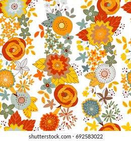 Vector flower pattern. Seamless botanic texture, detailed flowers illustrations. Doodle style, spring floral background.