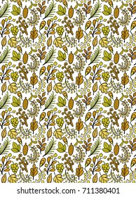 Vector flower pattern. Seamless botanic texture, detailed flowers illustrations. Floral pattern in doodle style, spring floral background.