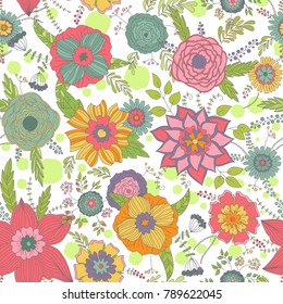 Vector flower pattern. Seamless botanic texture, detailed flowers illustrations. Doodle style, spring floral background.