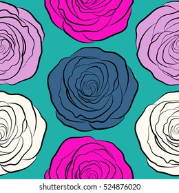 Vector flower pattern sketch. Magenta, blue and neutral roses pattern. Flower pattern with roses. Vintage flower seamless pattern. Hand drawn flower pattern.