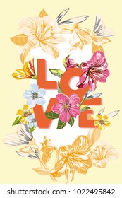 Vector Flower Pattern wish Inscription Love. Flower background with of pink, yellow, blue flower. Can be use as poster, banner, congratulation cards and etc. for your design.