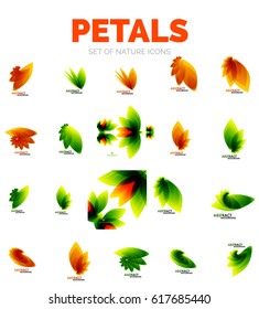 Vector flower petals and leaves, orange and green colors. Icon or elements set