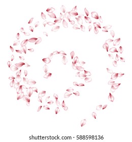 Vector flower petals spiral pattern isolated on white background. Blossom elements helix, curve floral ornament. Pink spring bloom twisted in swirl. Seasonal confetti petals ordered in spiral shape.