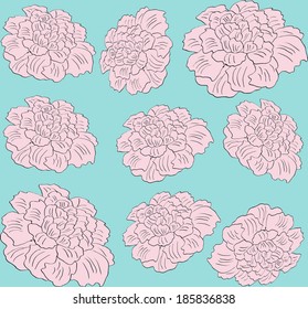 Vector flower pink peony seamless pattern on blue background
