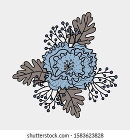 Vector flower placement print. Simple doodle peony and leaf hand drawn. Great for invitation, tshirt print, sticker, decor, fashion.
