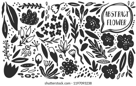 Vector Flower plant set. Abstract plain natural botany. Silhouette hand drawn style. Modern design element. Decorative illustration.