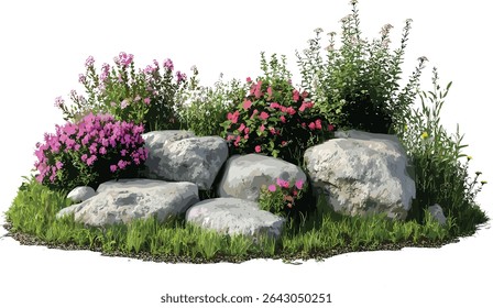 Vector flower plants garden design, rocks, nature, outdoor landscaping, tropical plants, garden decor, beautiful garden elements, green plants, backyard, flowers, landscaping