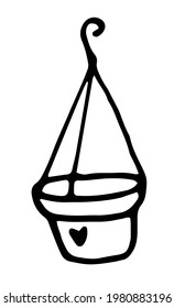 vector flower pot hanging on a hook. hand-drawn doodle-style empty round flower pot with hanging attachment, with heart, isolated black line on white background for label design template