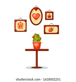 Vector flower pot on a table and frames on the wall above with love pictures - a heart, a present, a cake and a strawberry. Saint Valentine's day