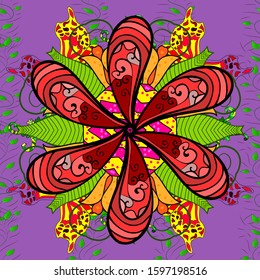 Vector flower print. Vector Tender fabric pattern. Floral red, black and violet seamless pattern. Vintage outline illustration.