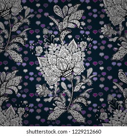 Vector flower print. Vintage outline illustration. Vector Tender fabric pattern. Floral black, white and blue seamless pattern.