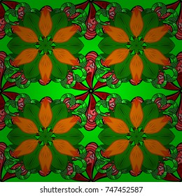 Vector flower print. Vintage outline illustration. Floral green, orange and black seamless pattern. Vector Tender fabric pattern.