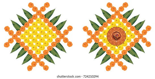 Vector Flower Rangoli For Diwali Or Pongal With Clay Oil Lamp