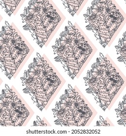 Vector flower and rhombus hand draw seamless pattern line art