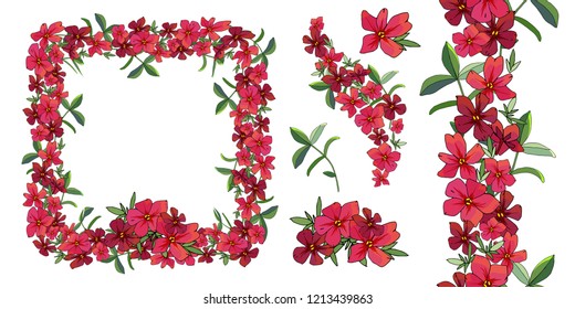 Vector flower romantic set. Hand drawn illustration. Flower frame and seamless border. For saint valentine’s greeting cards, engagement invitations, clothes, bed linens, fabric, textiles, wallpaper