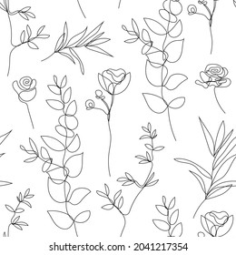 Vector flower, rose linear seamless background, plants with leaves, ornament, pattern with black single contour line on white background in hand drawn style. Monoline, continuous line