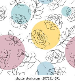 Vector flower, rose linear seamless background, plants with leaves, ornament, pattern with black single contour line and colorful circles background, retro style