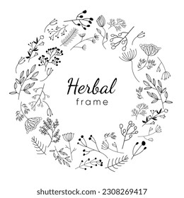 Vector flower round frame line art. Floral card with leaves Isolated on white background.