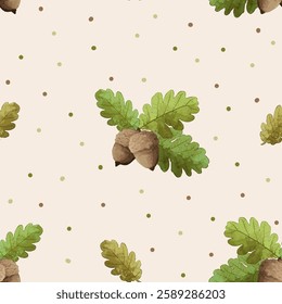 Vector flower seamless acorn watercolor pattern element. Elegant texture for backgrounds. Seamless texture for wallpapers, textile, wrapping.