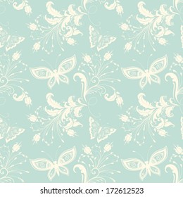 Vector flower seamless pattern background. Elegant texture for backgrounds. With butterfly and flowers.