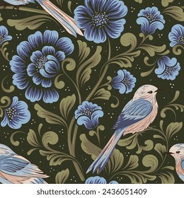 Vector flower seamless pattern background with birds. Elegant texture for backgrounds. Classical luxury old fashioned floral ornament, seamless texture for wallpapers, textile, wrapping