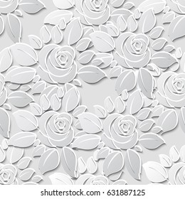 Vector flower seamless pattern background with 3D elements with shadows. Paper cut.